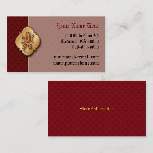 Medieval Gold Lion Red Fleur de Lis Business Card (Front/Back)