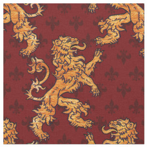 Medieval Gold Lion Red Fleur de Lis Fabric