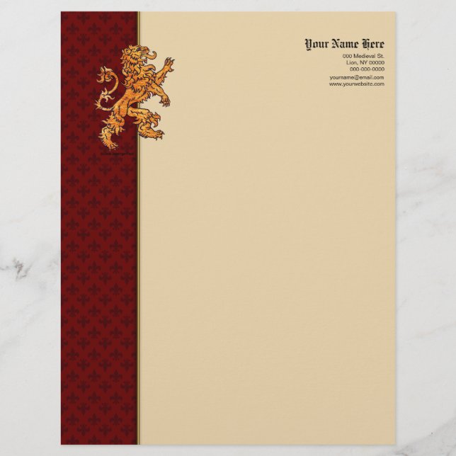 Medieval Gold Lion Red Fleur de Lis Letterhead (Front)