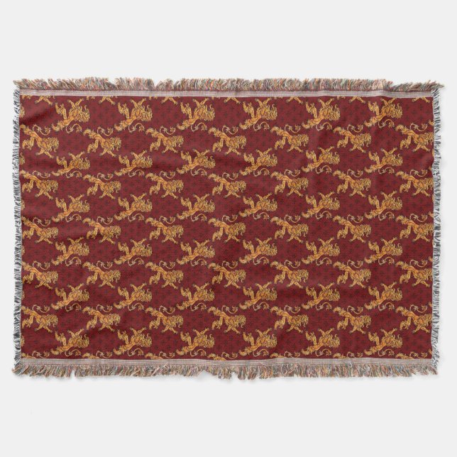 Medieval Gold Lion Red Fleur de Lis Throw Blanket (Front)