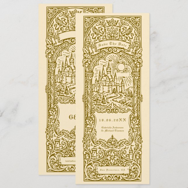 Medieval Gold Wedding Bookmark Save The Date Invitation (Front/Back)