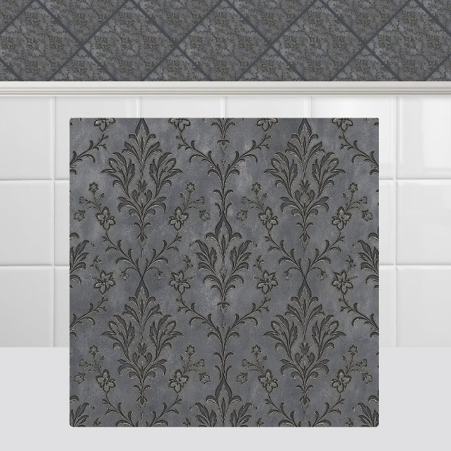 Medieval Gothic Damask Pewter Slate Grey Ceiling Tile (Medieval Gothic Damask Pewter Slate Gray Ceiling Ceramic Tile)