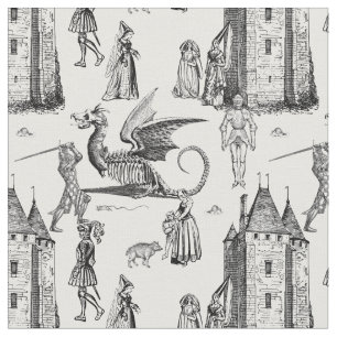 medieval gothic dragon knight skeleton toile fabric