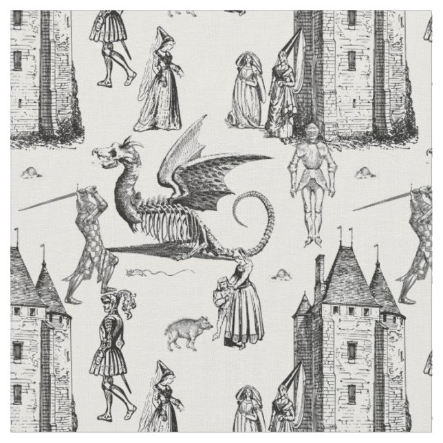 medieval gothic dragon knight skeleton toile fabric (Close Up)