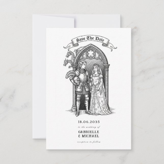 Medieval Gothic Knight Bride Groom Save The Date (Front)