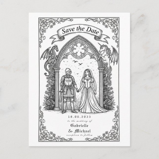 Medieval Gothic Knight Bride Groom Save The Date Postcard (Front)