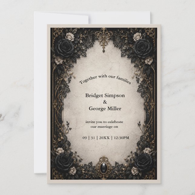 Medieval Gothic Noir Black Rose Wedding Invitation (Front)