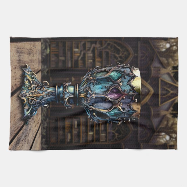 Medieval Gothic Purple Blue Goblet Castle Library  Kitchen Towel (Horizontal)