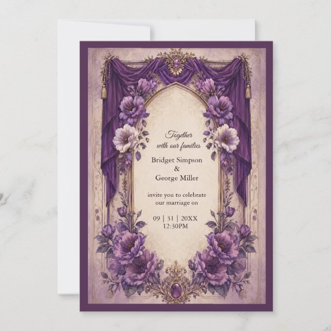 Medieval Gothic Purple Draped Arch Wedding Invitation (Front)