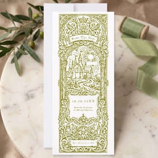 Medieval Green Wedding Bookmark Save The Date Invitation