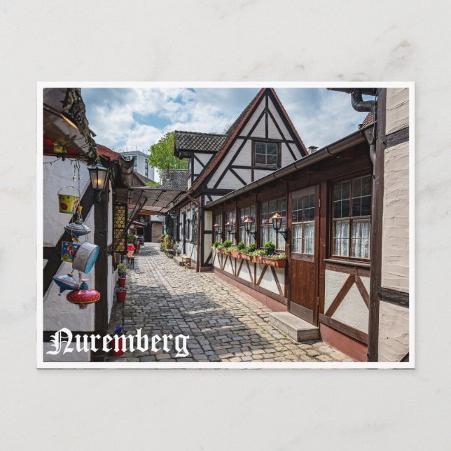 Medieval half-timbered shops in Nuremberg, German Postcard (Front)