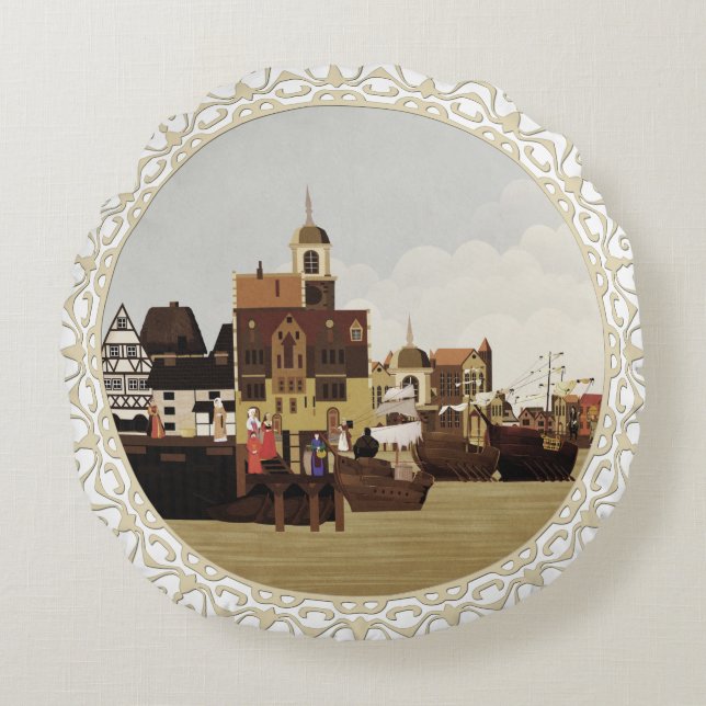 Medieval Harbour Round Pillow (Front)
