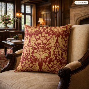 Medieval Hawks & Hounds Print Pattern Throw Pillow