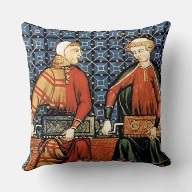 Medieval Hurdy Gurdy players on blue pillow (Back)