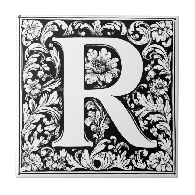 Medieval Illuminated Letter R Tile (Front)