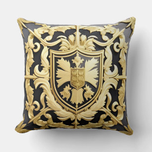 Medieval Inspired Golden Crest Ornamental Shield Throw Pillow