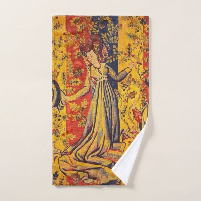Medieval Italian Red Blue Yellow Chinoiserie  Bath Towel Set (Hand Towel)