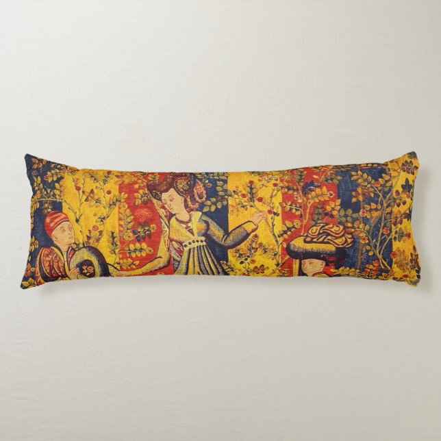 Medieval Italian Red Blue Yellow Chinoiserie  Body Pillow (Front)