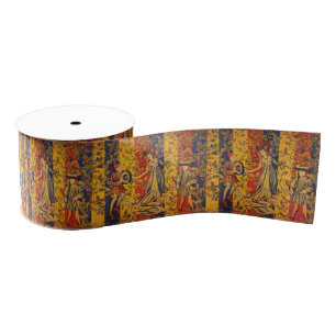 Medieval Italian Red Blue Yellow Chinoiserie Grosgrain Ribbon