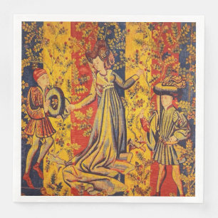 Medieval Italian Red Blue Yellow Chinoiserie Napkin