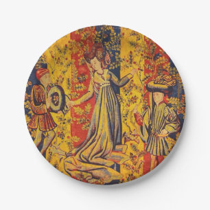 Medieval Italian Red Blue Yellow Chinoiserie Paper Plate