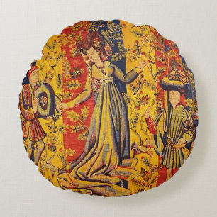 Medieval Italian Red Blue Yellow Chinoiserie Round Pillow