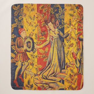 Medieval Italian Red Blue Yellow Chinoiserie Sherpa Blanket
