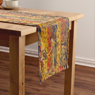 Medieval Italian Red Blue Yellow Chinoiserie Short Table Runner