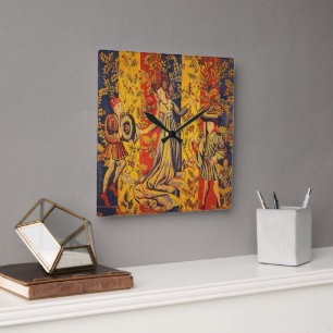 Medieval Italian Red Blue Yellow Chinoiserie Square Wall Clock