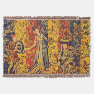 Medieval Italian Red Blue Yellow Chinoiserie Throw Blanket