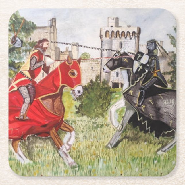 Medieval Joust In front of Castle Square Paper Coaster (Front)