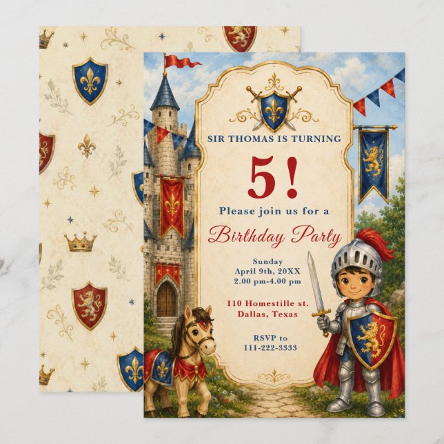 Medieval Knight 5th Birthday Party Invitation (Front/Back)