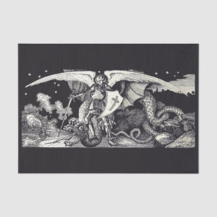 Medieval Knight and Dragon B W Tissue Paper