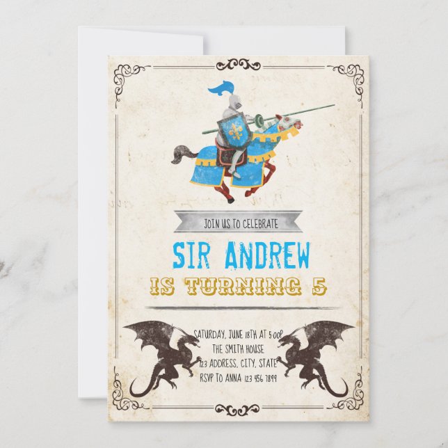 Medieval knight and dragon birthday party invitation (Front)