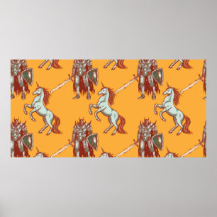 medieval knight and unicorn seamless pattern poster