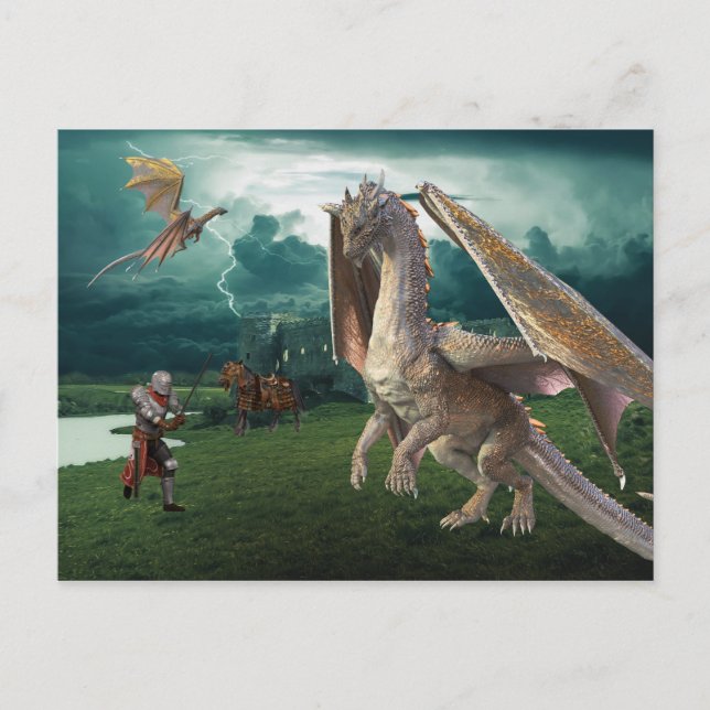 Medieval Knight Bronze Dragon Fantasy Battle Postcard (Front)