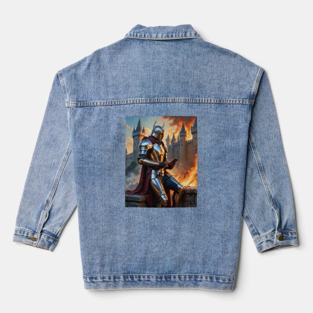 Medieval Knight Castle Fire Funny Fantasy Art Tee Denim Jacket (Back)