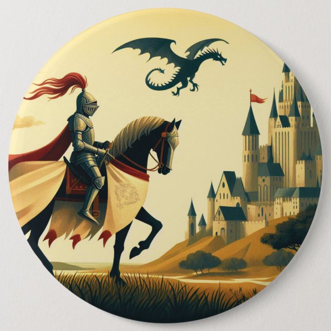 Medieval Knight/dragon/castle fantsy 6 Inch Round Button (Front)