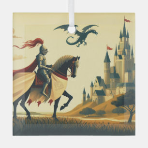 Medieval Knight/dragon/castle fantsy Glass Ornament
