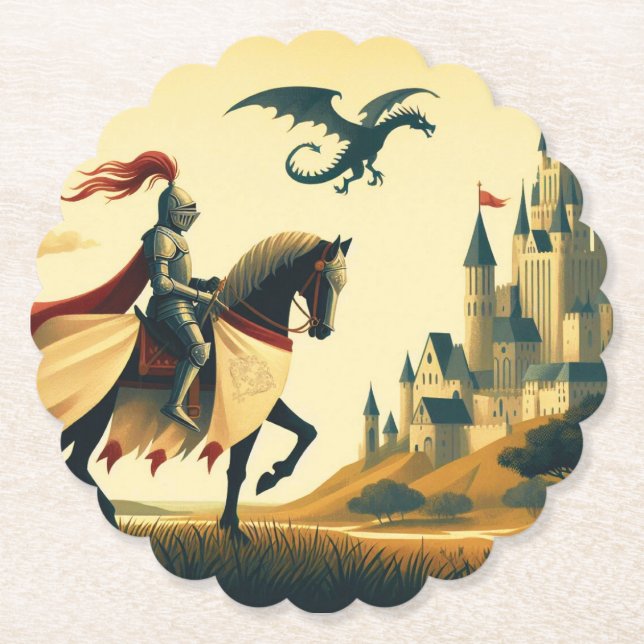 Medieval Knight/dragon/castle fantsy Paper Coaster (Front)