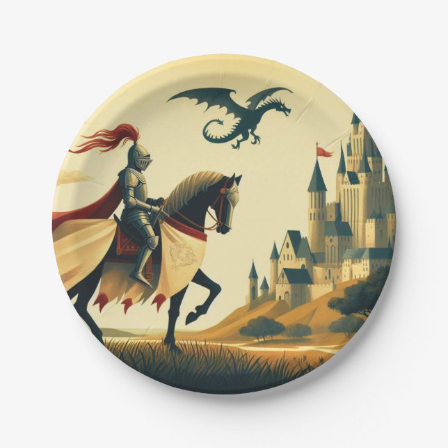 Medieval Knight/dragon/castle fantsy Paper Plate (Front)