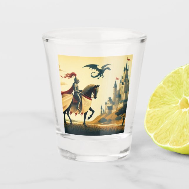 Medieval Knight/dragon/castle fantsy Shot Glass (Front)