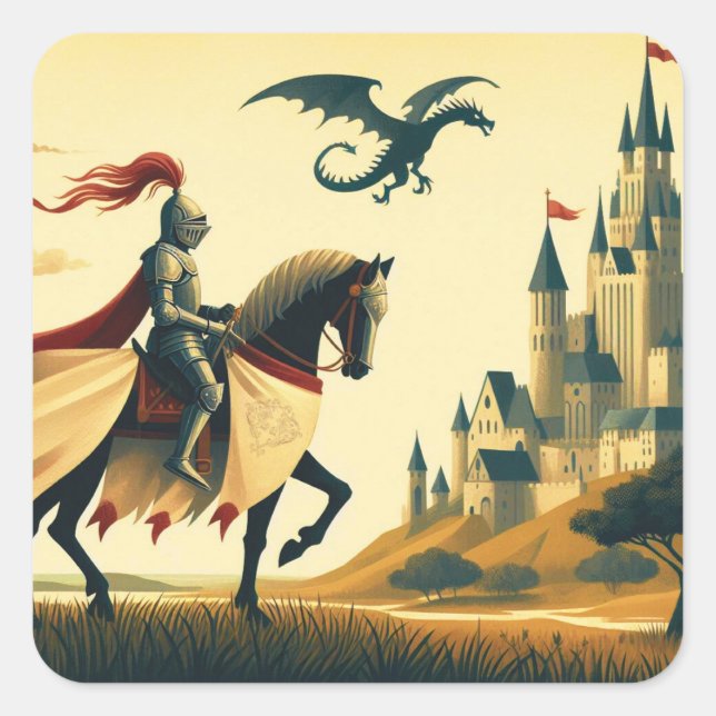 Medieval Knight/dragon/castle fantsy Square Sticker (Front)