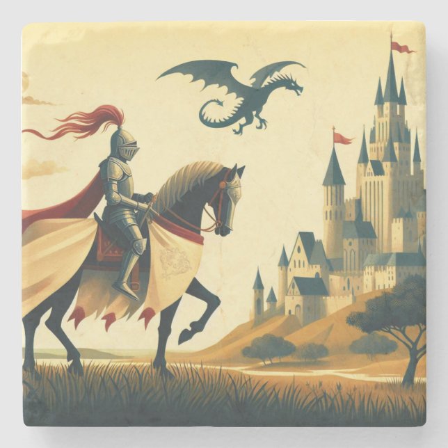 Medieval Knight/dragon/castle fantsy Stone Coaster (Front)