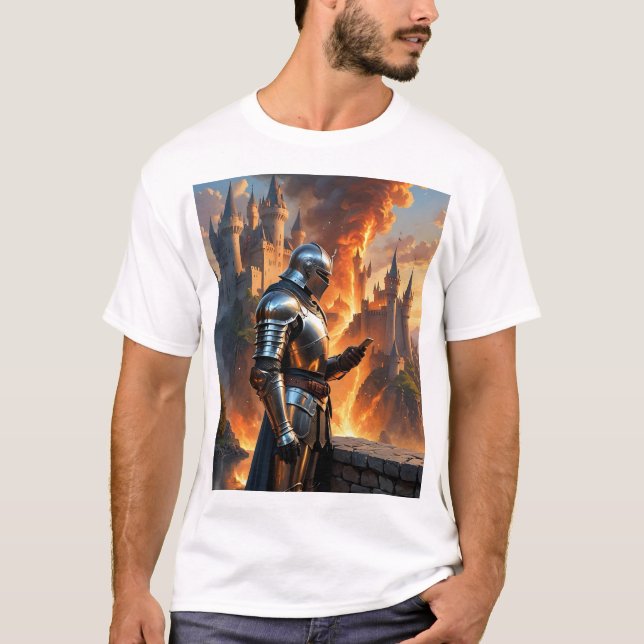 Medieval Knight Funny Castle Fire Fantasy Art Tee (Front)