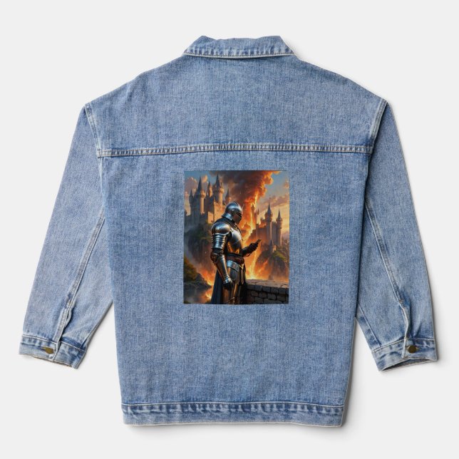 Medieval Knight Funny Castle Fire Fantasy Art Tee Denim Jacket (Back)