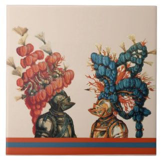 MEDIEVAL KNIGHT HELMETS WITH RED FEATHERS DRAGONS  TILE