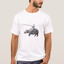 Medieval knight in armor riding a rhino jousting