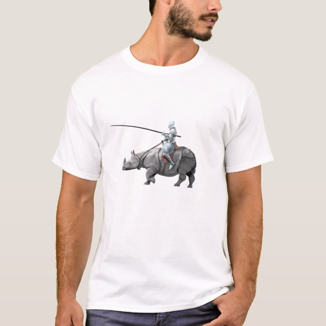 Medieval knight in armor riding a rhino jousting T-Shirt (Front)