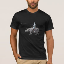 Medieval knight in armor riding a rhino jousting